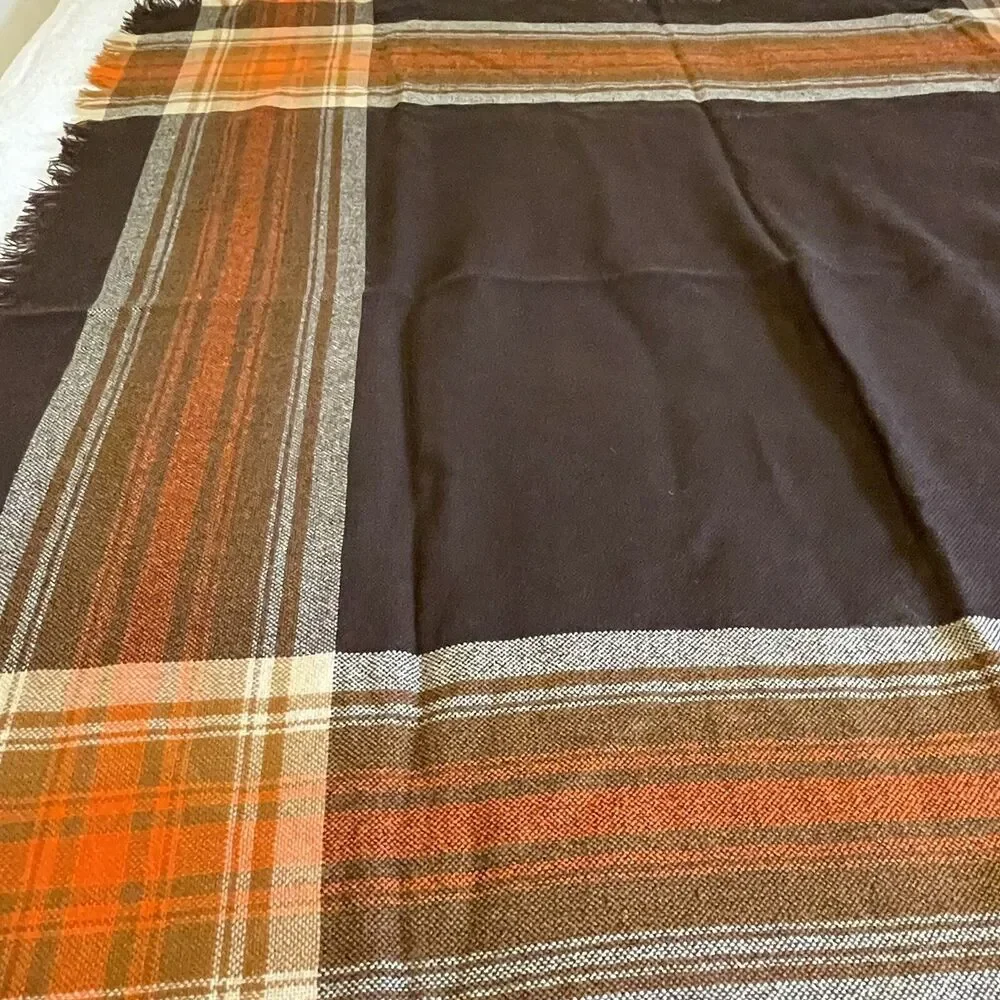 Vtg Acrylic Throw Blanket Thin Fringed Brown Orange Cream Tan Fringed 44x45